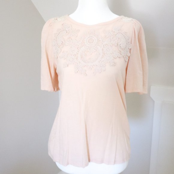 LOFT Light Pink Crochet Detail Tee Shirt Top XS - Picture 1 of 3